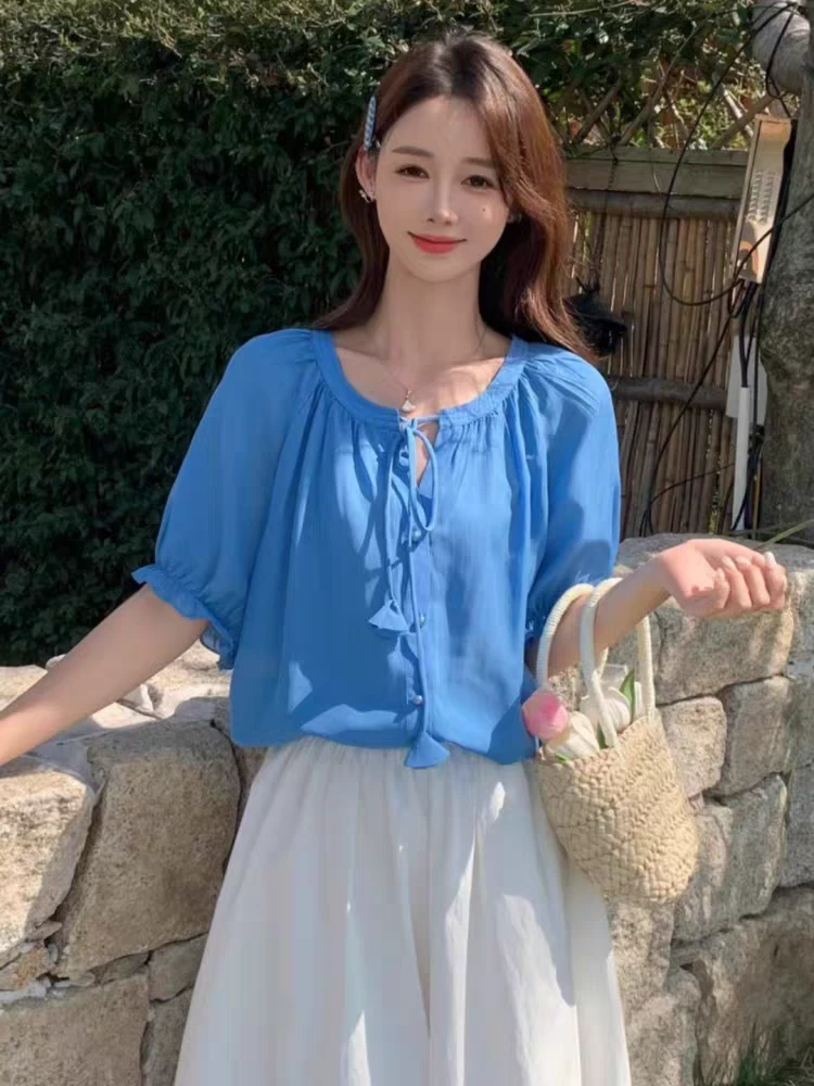 欧货泡泡袖系带衬衫女2025夏新款宽松百搭洋气短袖小衫娃娃衫上衣
