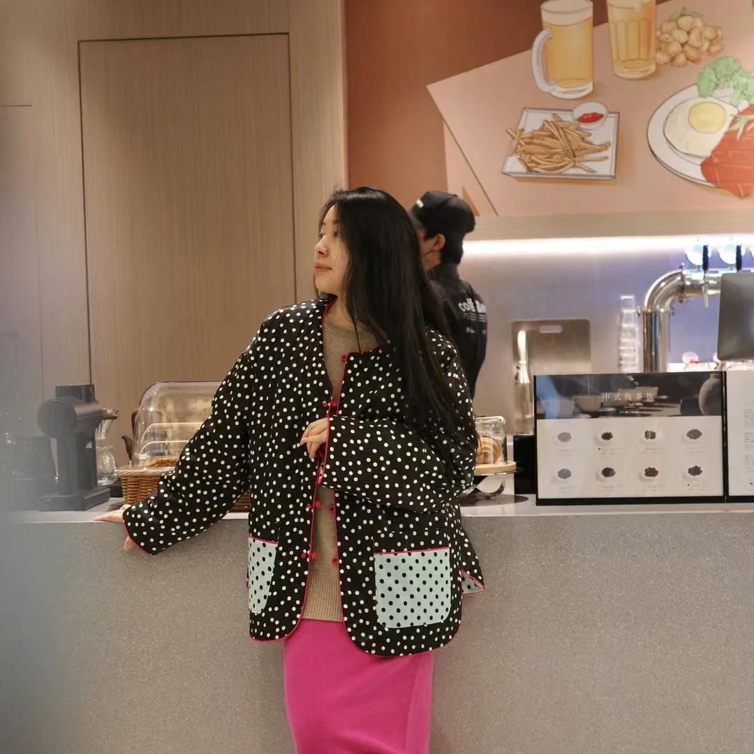 清新波点双面穿棉衣休闲宽松秋冬对襟