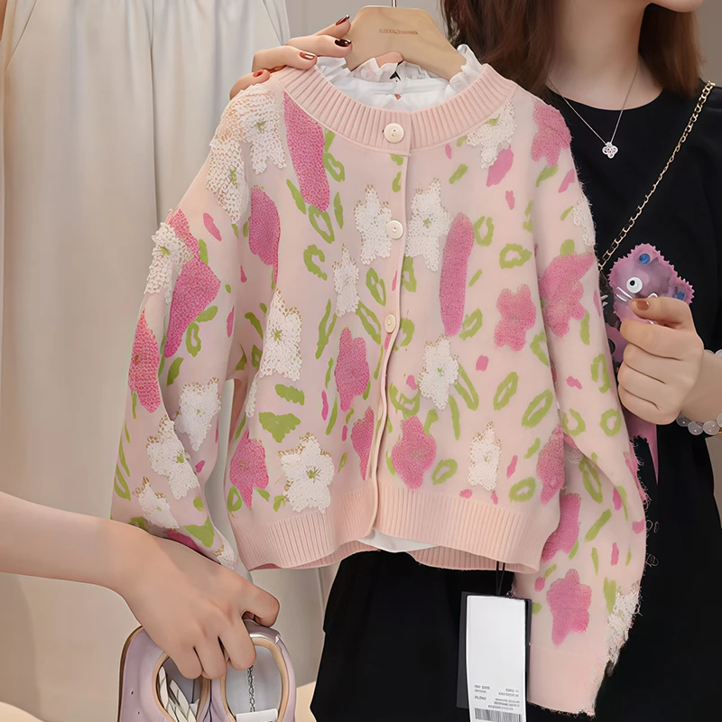 女童开衫毛衣春秋款2025新款针织毛巾绣外套秋装甜美风慵懒风上衣