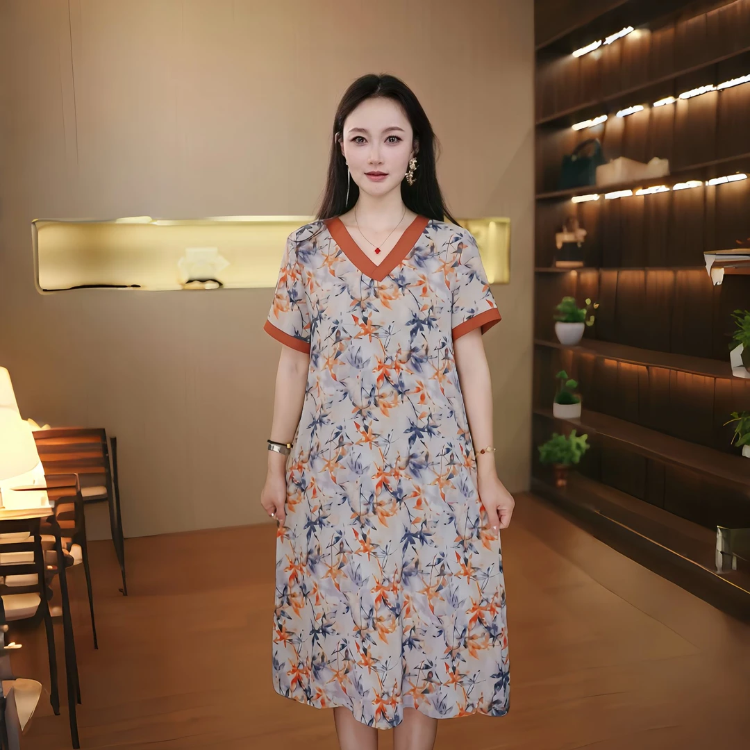 9703-妈妈装夏季时尚休闲遮肉显瘦气质枫叶连衣裙