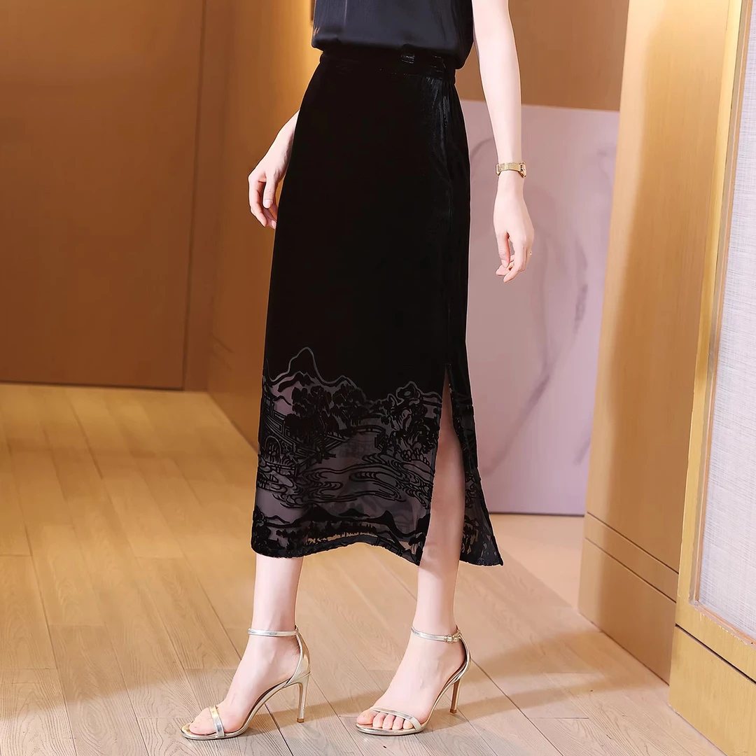 新中式真丝丝绒半身裙女夏季高端优雅气质中长款直筒桑蚕丝开叉裙