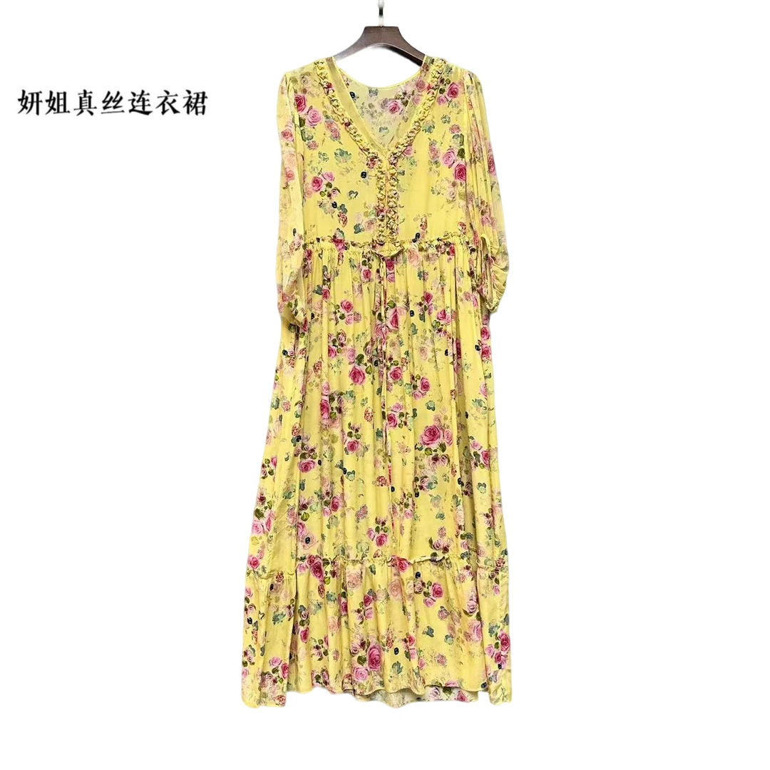真丝连衣裙春夏新款高订气质收腰显瘦桑蚕丝印花长裙黄色 2401937