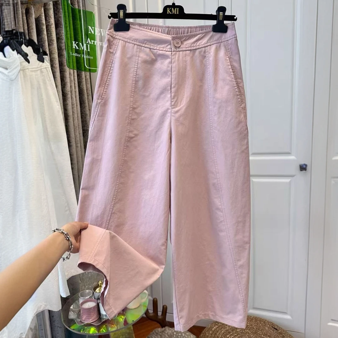 2025今年流行粉色高腰休闲裤女弯刀裤显瘦宽松阔腿八分裤夏季爆款