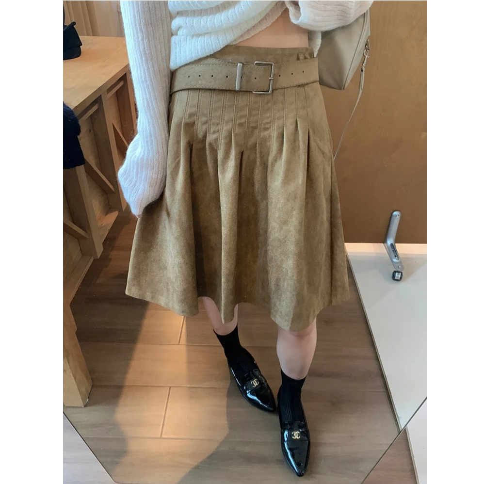 气质辣妹卡其色麂皮绒百褶裙女秋季新款韩版高腰显瘦百搭中长裙