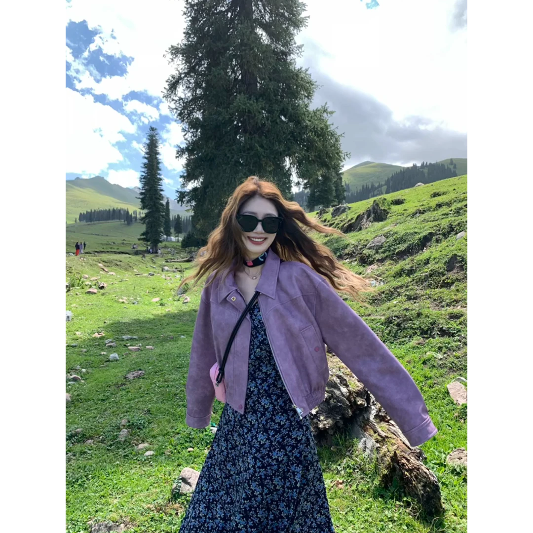 美式紫色夹克外套早秋短款女小个子韩版超绝气质碎花连衣裙套装