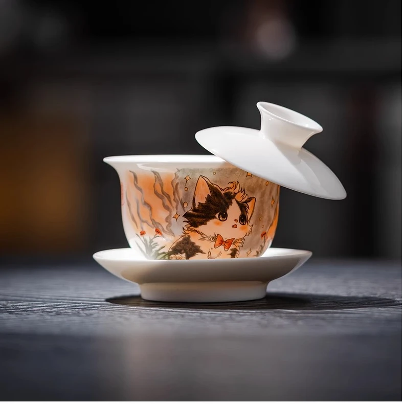 猫咪羊脂玉悬停旋转盖碗茶杯单个高档德化白瓷三才泡茶碗带盖茶具