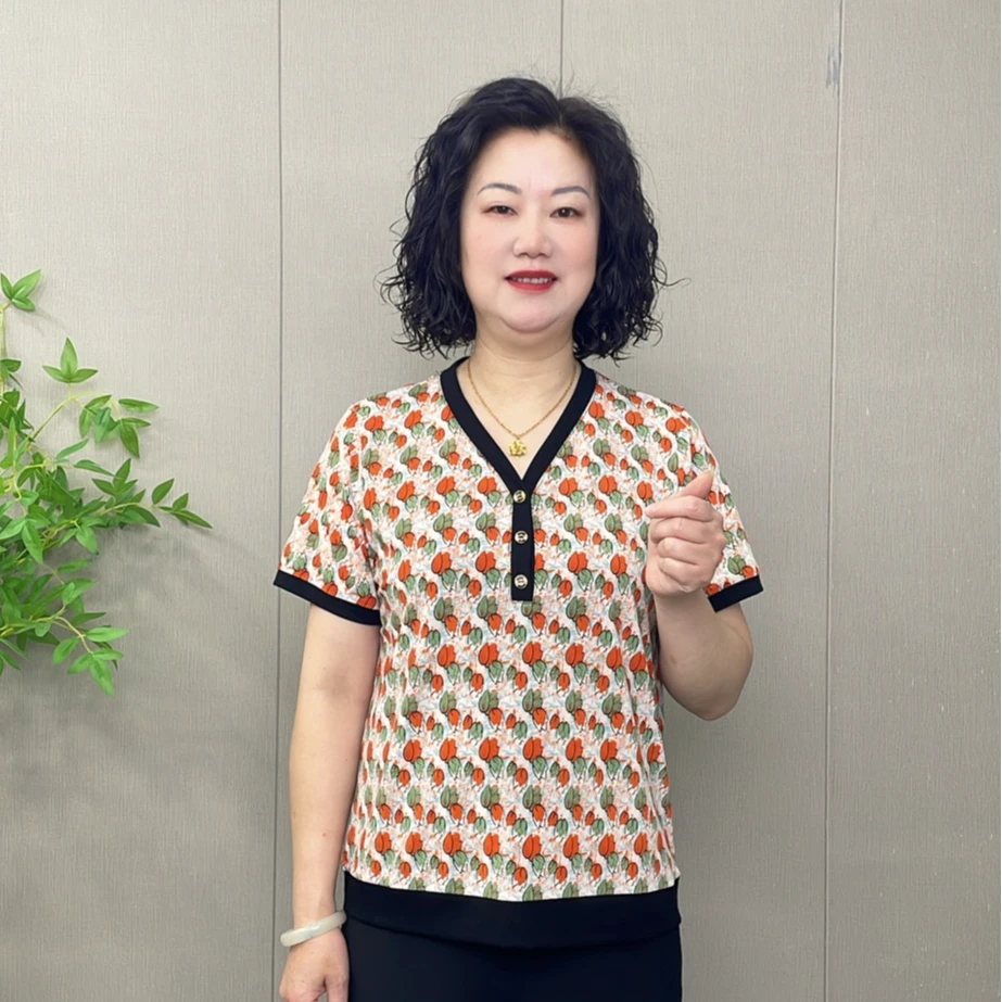 中老年妈妈装夏季新款短袖T恤时尚百搭洋气遮肚显瘦弹力宽松减龄