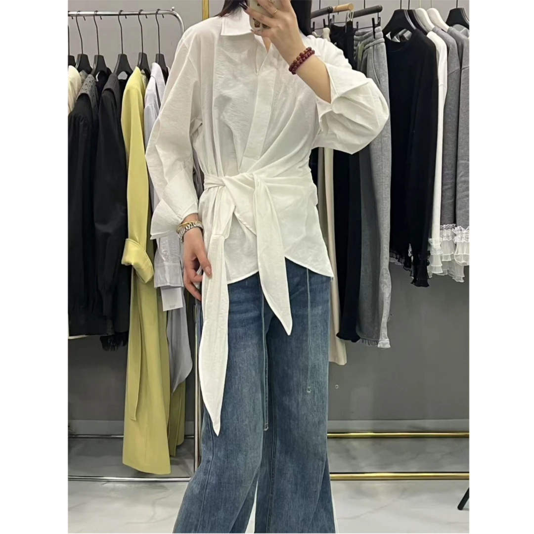 设计感长袖衬衫女2025春季新款显瘦收腰侧边系带衬衣宽松百搭上衣