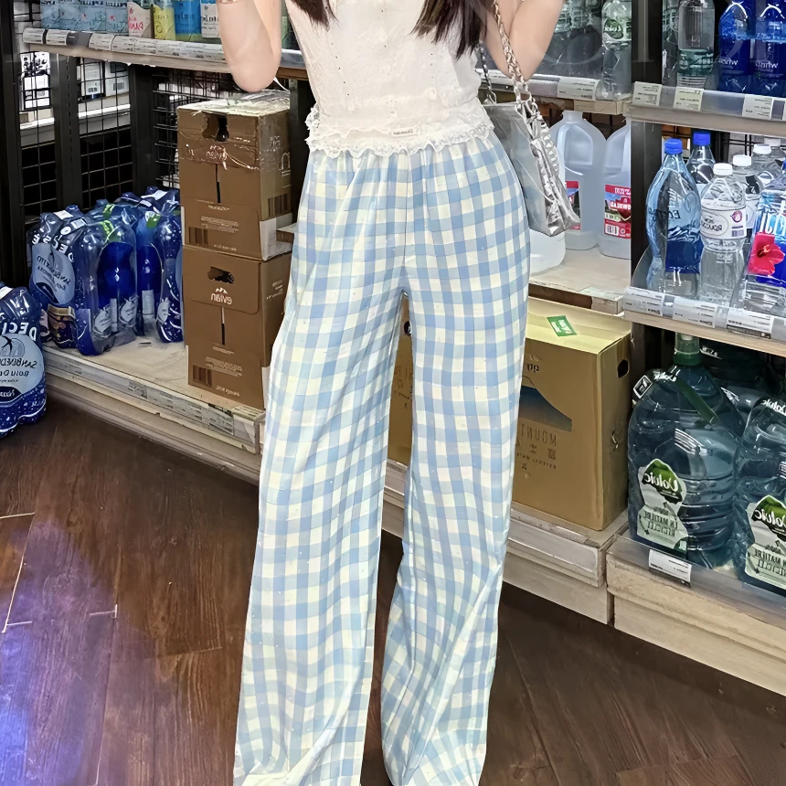 【海盐山茶】春夏新款时尚拼接蕾丝烫钻直筒格子百搭撞色休闲裤