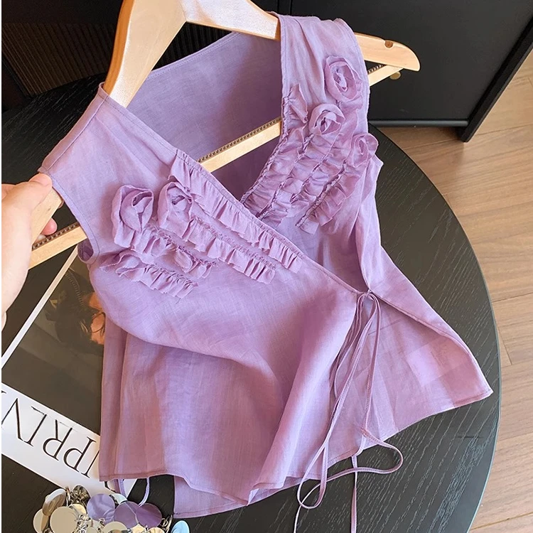 紫色木耳边V领无袖背心女夏季新款韩系气质显瘦温柔减龄系带上衣