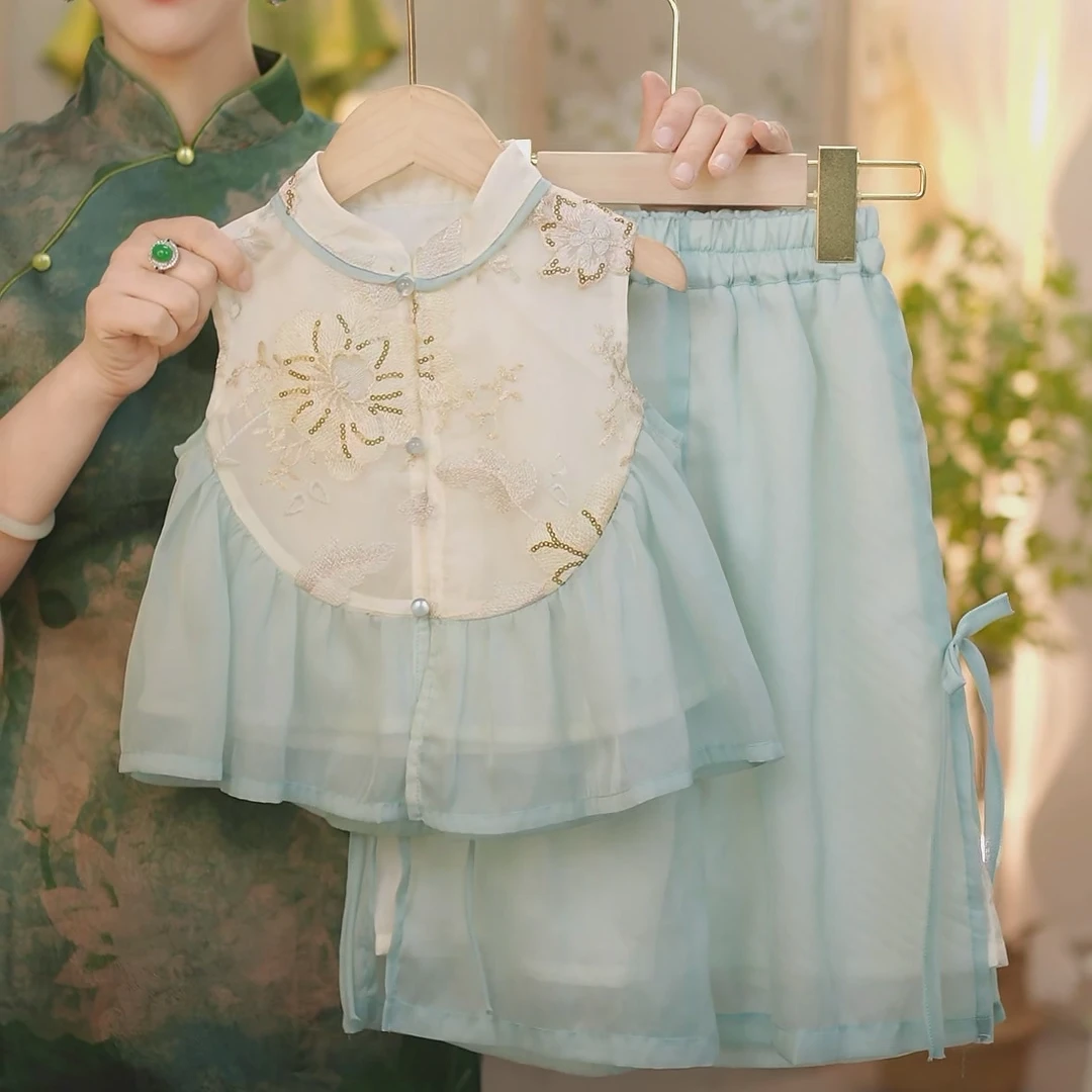 现货【水云间】SC315女童夏季新中式国风刺绣新款上衣阔腿裤套装