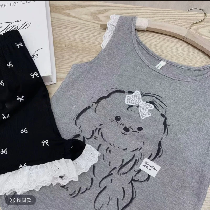 夏季无袖莫代尔卷毛小狗女睡衣带胸垫夏天新款可外穿家居服三件套