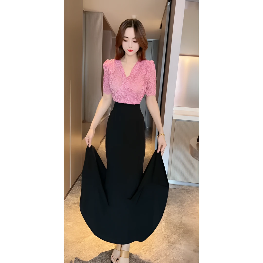 名媛风气质洋气交叉V领蕾丝上衣女中长款显瘦鱼尾半身裙潮
