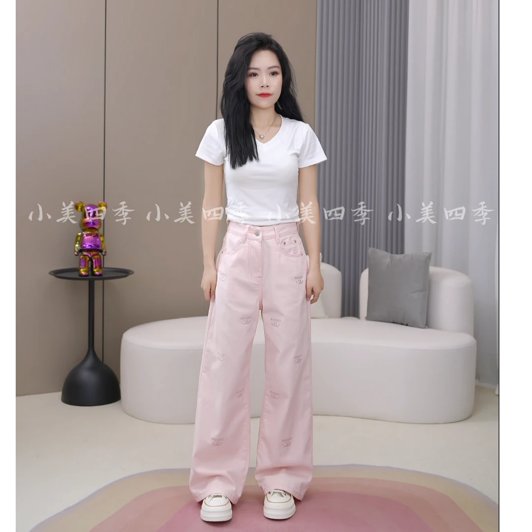【小美四季】早秋新款浅色洋气减龄辣妹炸街高腰刺绣牛仔裤拖地长裤