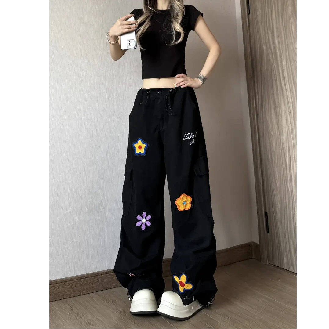 美式街舞刺绣兰花工装裤男女2025春季新款小众设计感显瘦黑色直筒