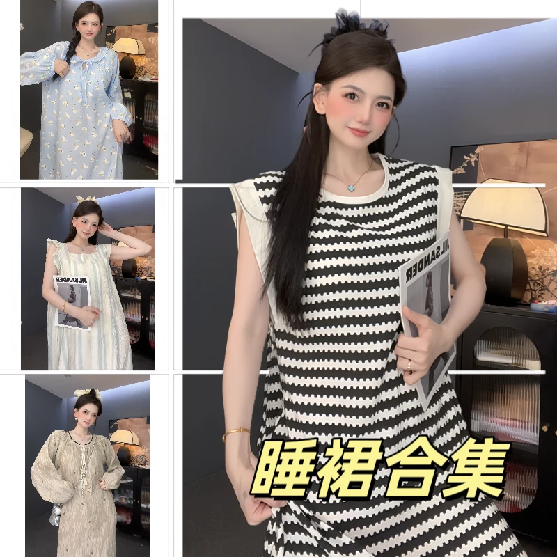 【睡裙集合】自带胸垫原创圆领短袖睡裙女春夏薄款云朵棉可外穿长裙