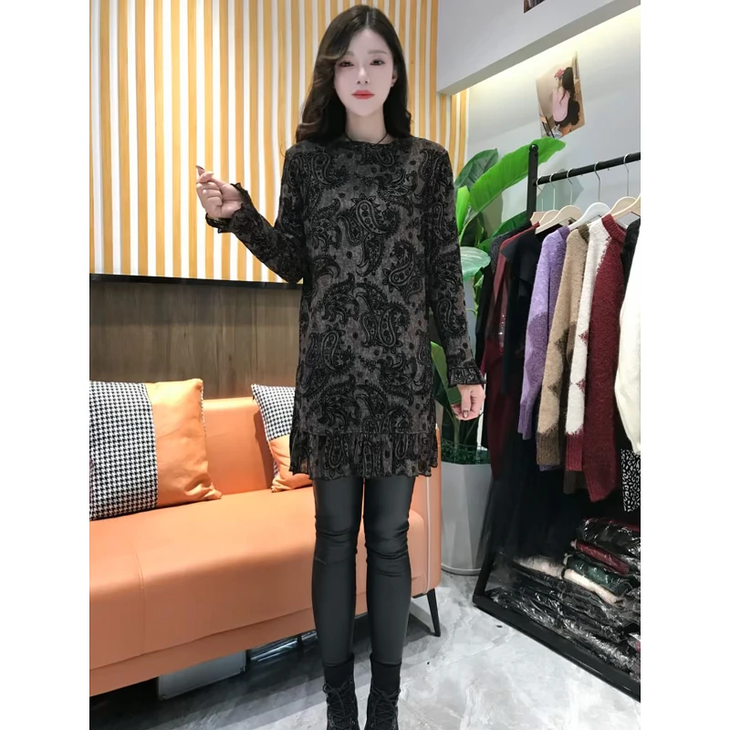 长袖秋冬印花打底衫中长款百搭长袖T恤时尚