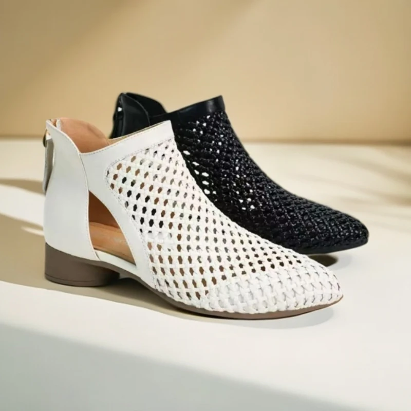 3厘米时装靴短靴夏季薄款凉靴粗跟洞洞靴小圆头时尚舒适轻奢镂空