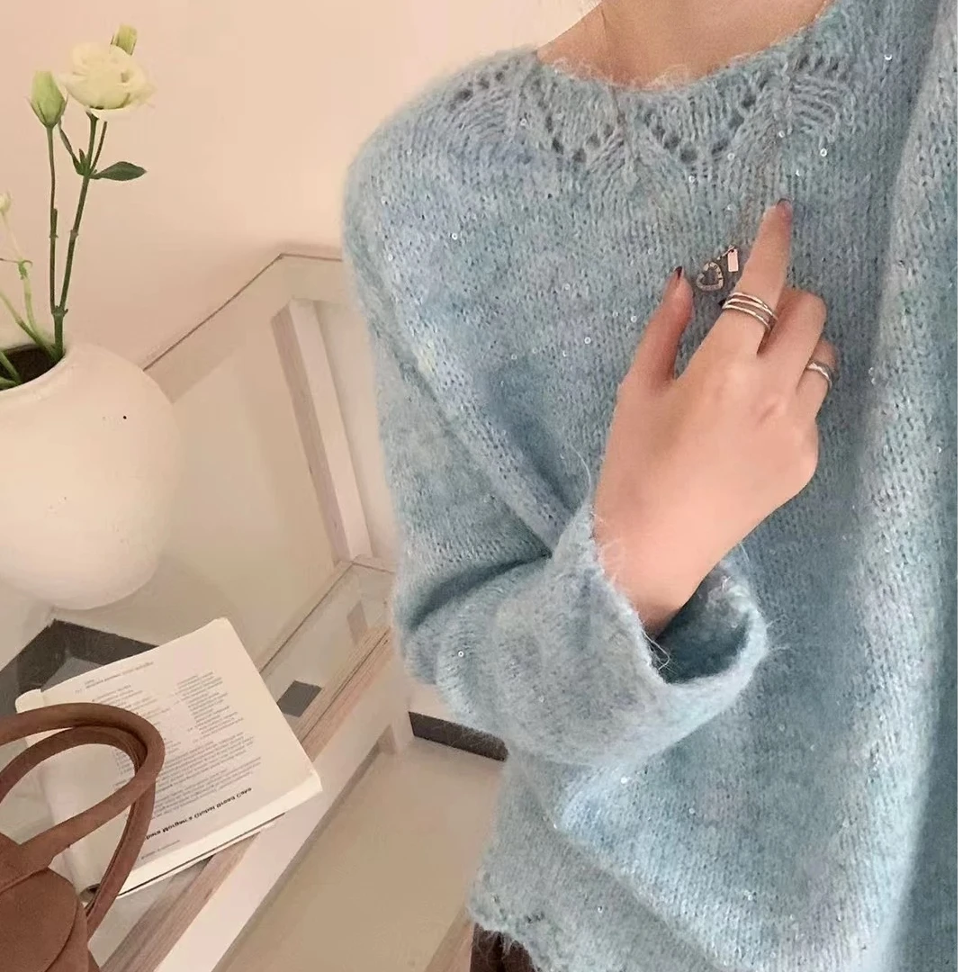 【露水薄荷】春款！镂空针织衫韩系毛衣女松弛慵懒风毛衣纯色打底衫