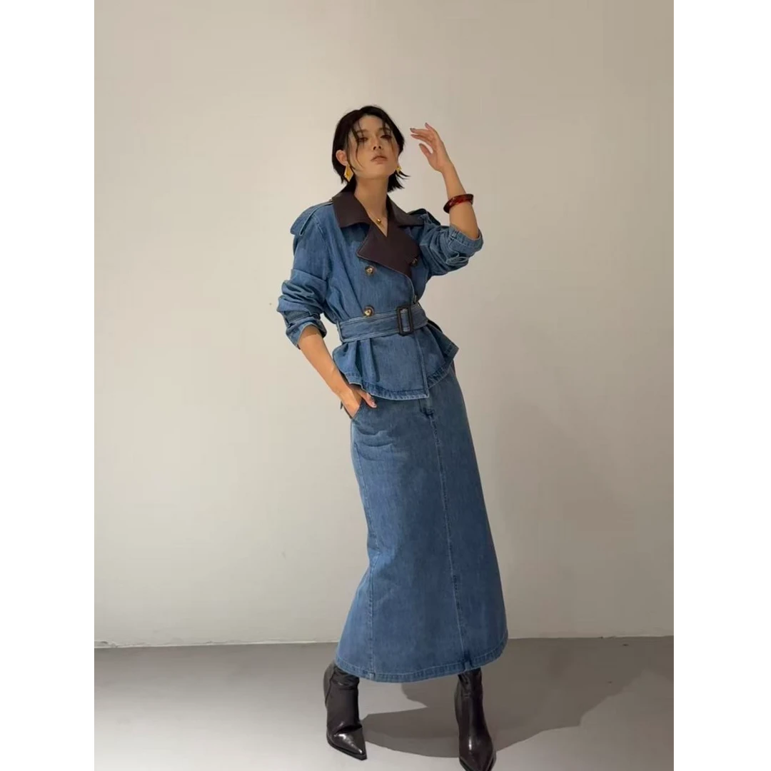 DENGDAHA「时装报刊」复古港风 秋季牛仔外套半裙两件套HBZW800036