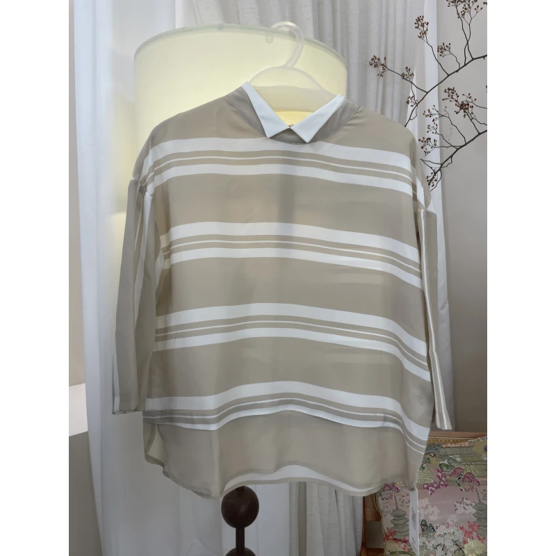 2025新款100%桑蚕丝T恤蓝白条杏白条SD24176