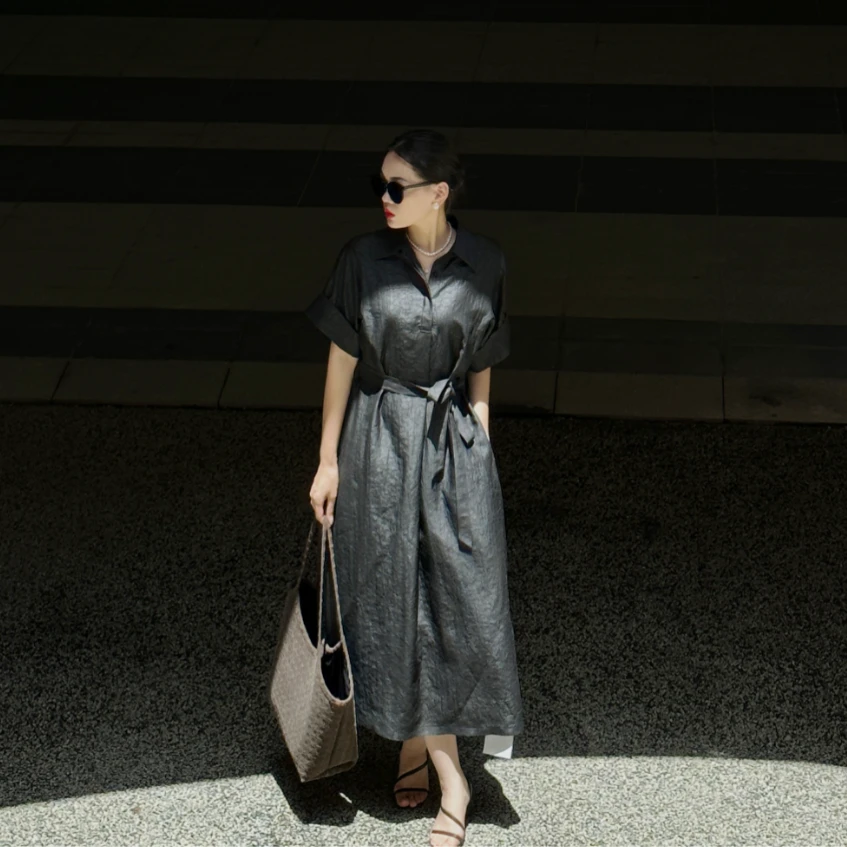 香云纱龟裂纹大翻袖女桑蚕丝真丝气质收腰连衣裙（230631）