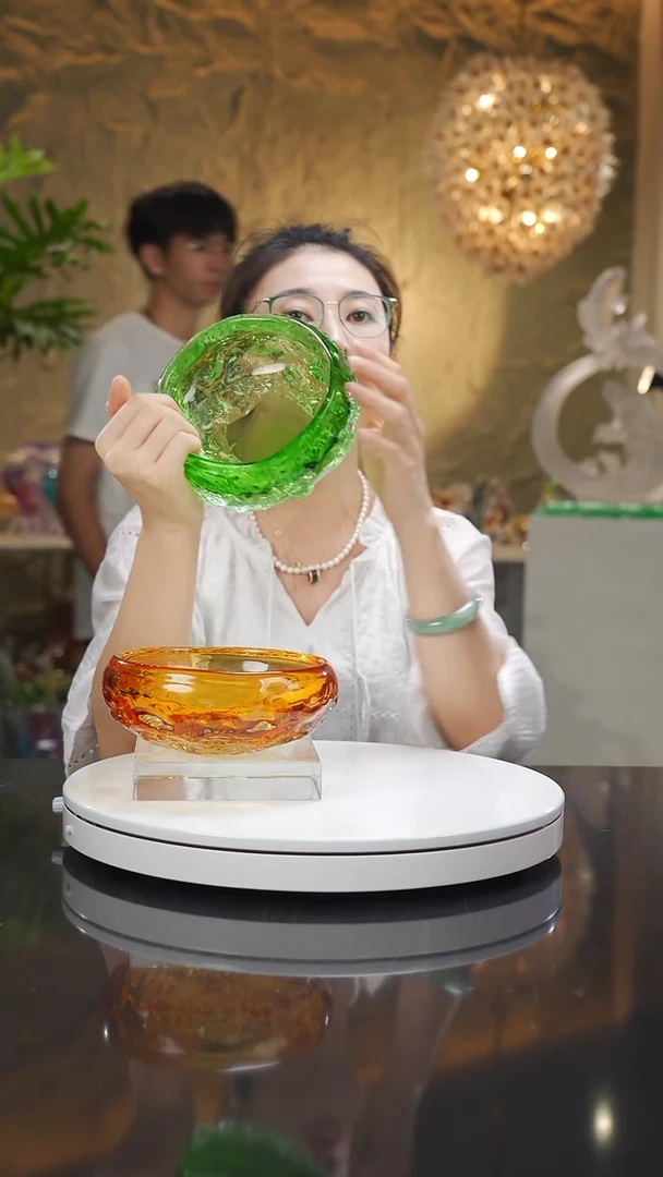 琉璃手工艺品福利绿色水波纹果碗