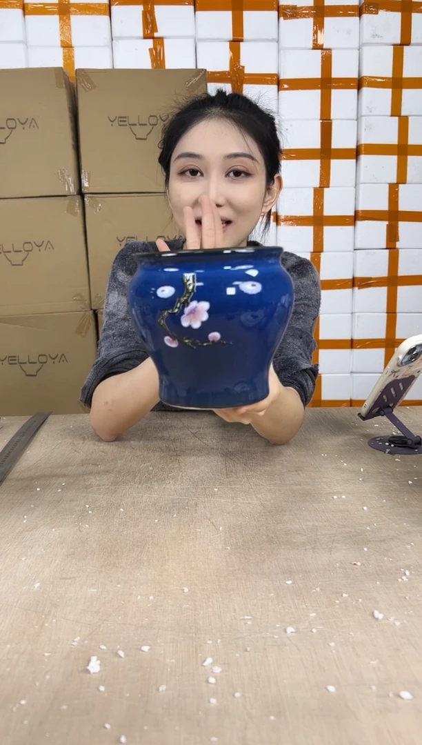 缸型深蓝花釉勾花13x13