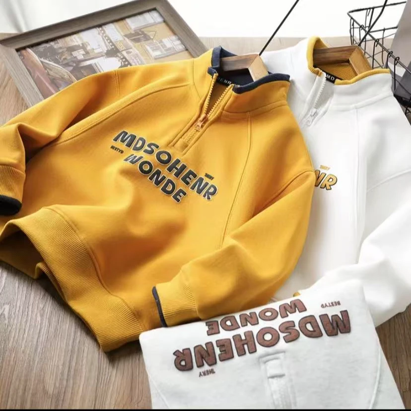 男童春季新款发泡字母拼接开领卫衣中大童儿童百搭上衣