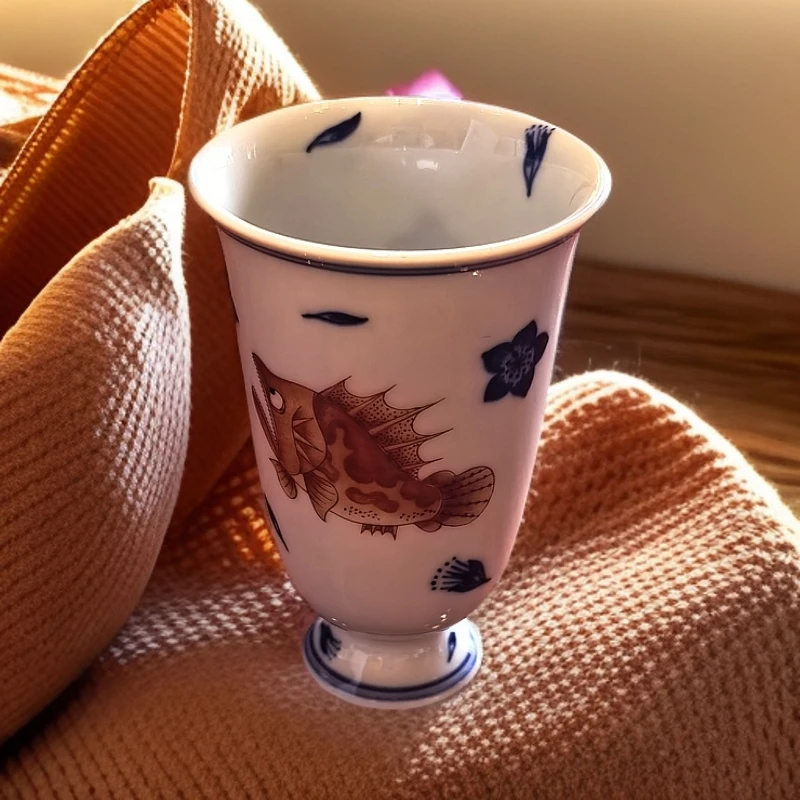 （翰森严选）青花矾红桃花鳜鱼闻香杯