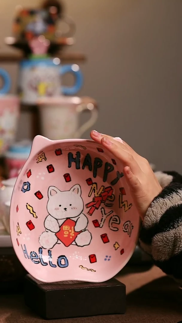 小熊粉色陶瓷盘微瑕