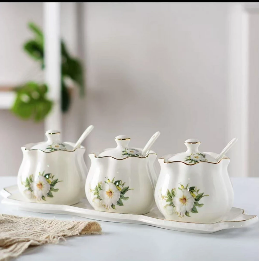 【王家陶瓷】白色茶花调味罐三件套JY