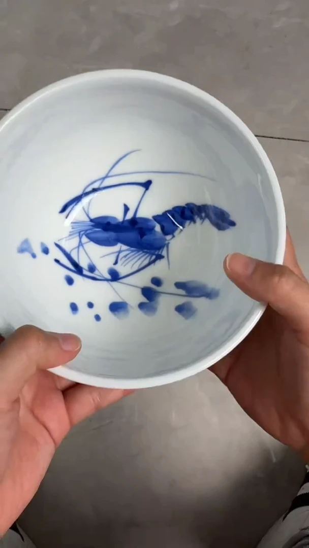瓷片景德镇高温釉中彩-中号罗汉碗青花虾开播福利