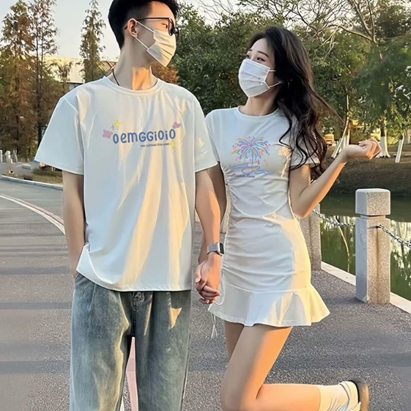 情侣装一衣一裙2025新款夏季网红法式高级感情侣短袖t恤套装男女