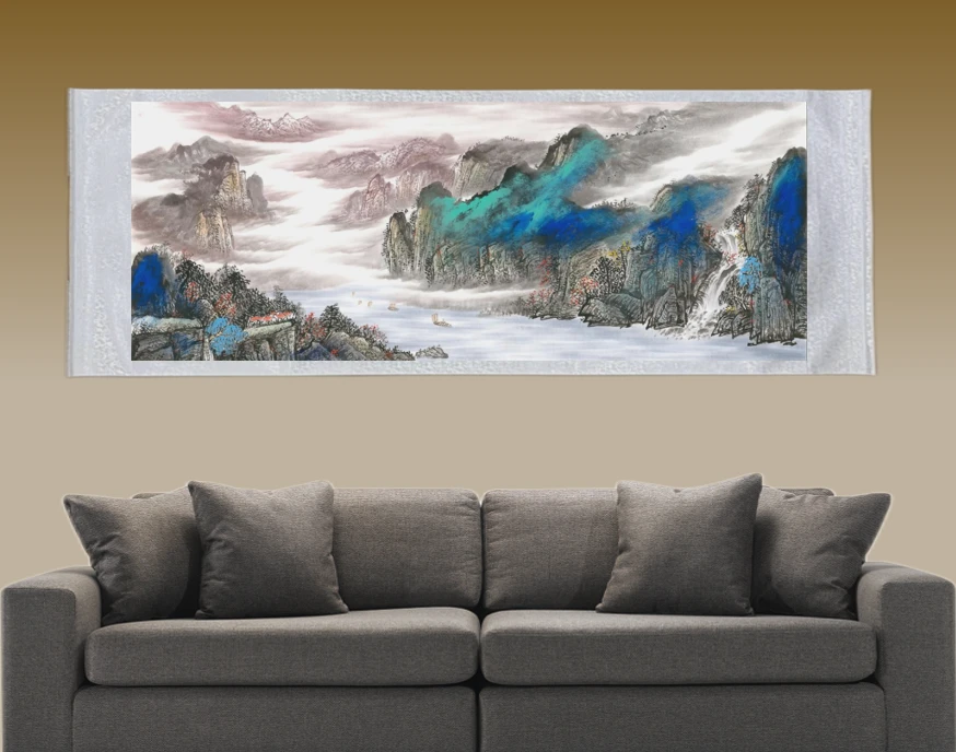 六尺《峡江帆影》横幅卷轴装裱装饰字画书房，客厅茶室玄关装饰挂画