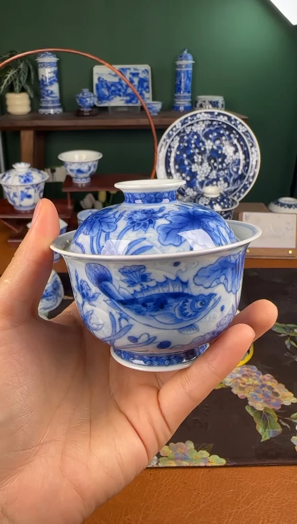 杯望月怀古。淡海水鱼藻盖碗