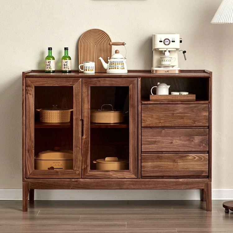 餐边现代简约收纳边柜黑胡桃木色实木厨房家用客厅储物柜茶