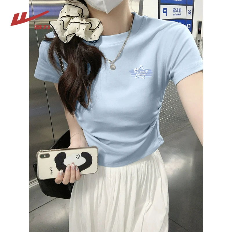 回力休闲T恤女夏季2025新款独特卡腰抽褶上衣纯欲显瘦正肩短袖潮