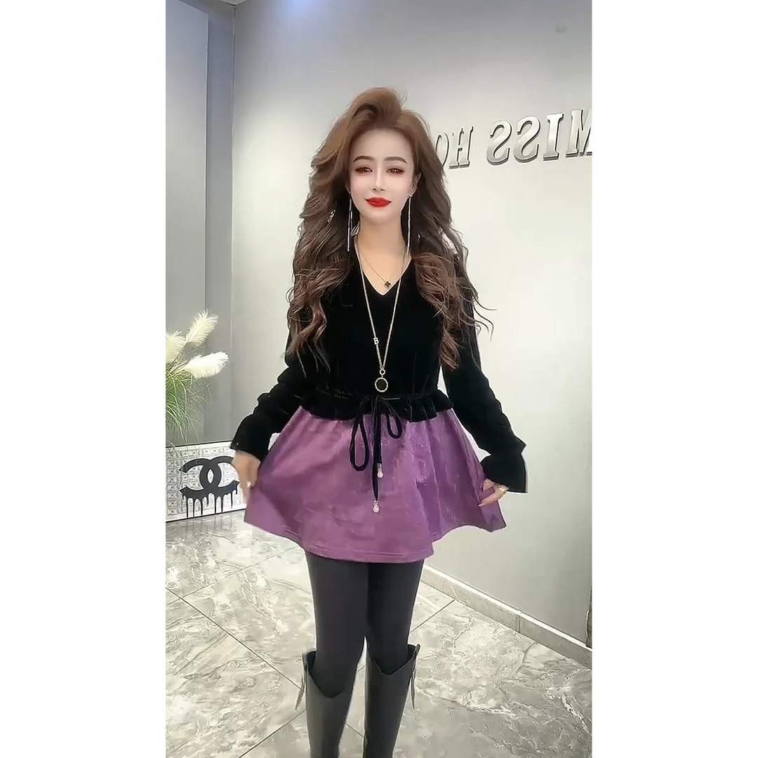 （紫气东来）80584新款 时尚百搭 显瘦中国风拼接松紧绳 丝绒连衣裙