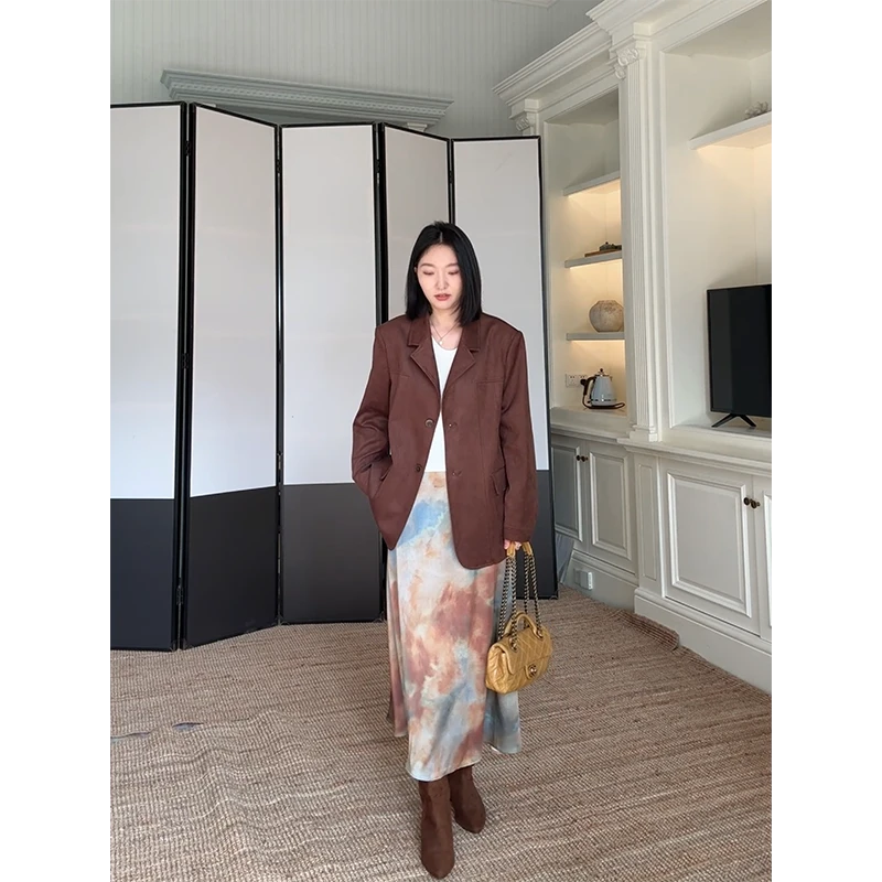 郭九九呢 复古简约仿麂皮绒宽松西装外套晕染缎面半裙 G925A14409