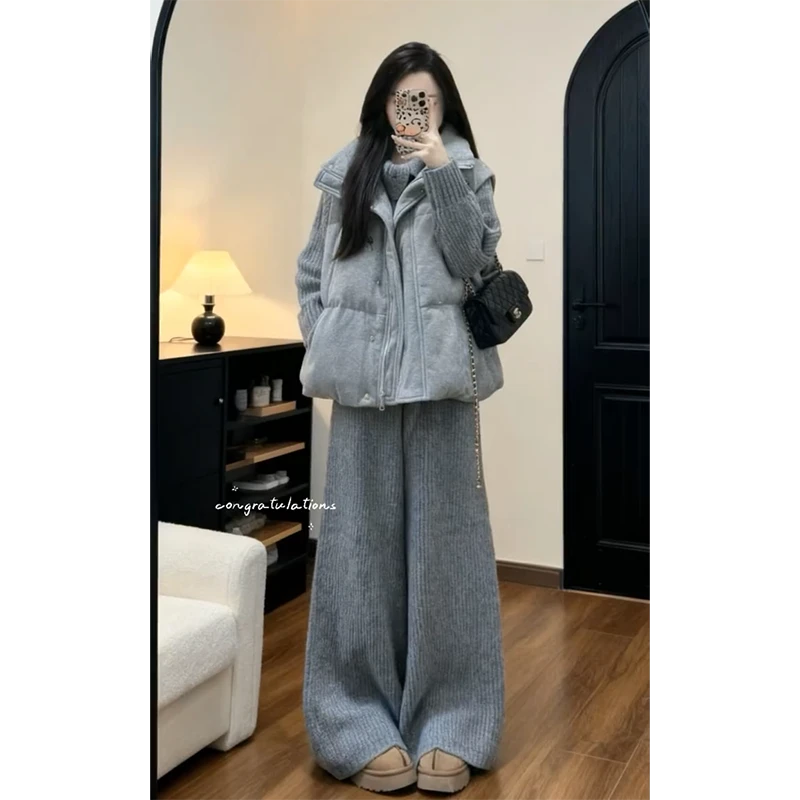 秋冬温柔系穿搭女2025新款韩版时尚加厚马甲针织毛衣阔腿裤三件套