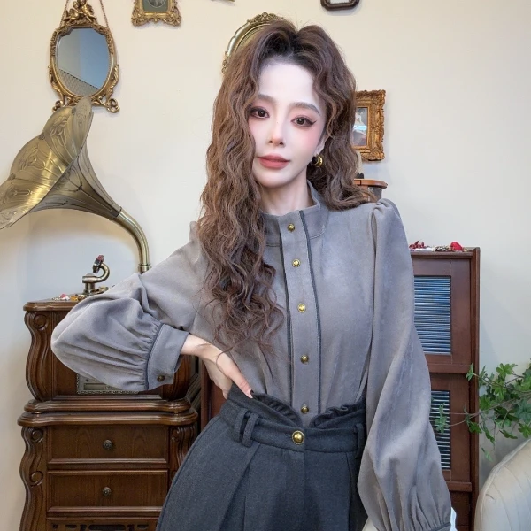 【十一港风】别致立领撞色简约通勤设计感衬衫女衬衣上衣Y4569