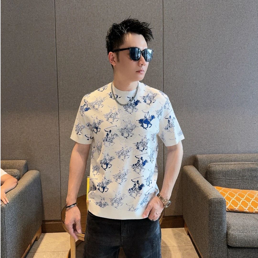 2025秋季男士圆领针织提花短袖高品质轻松修身欧货网红时尚T恤
