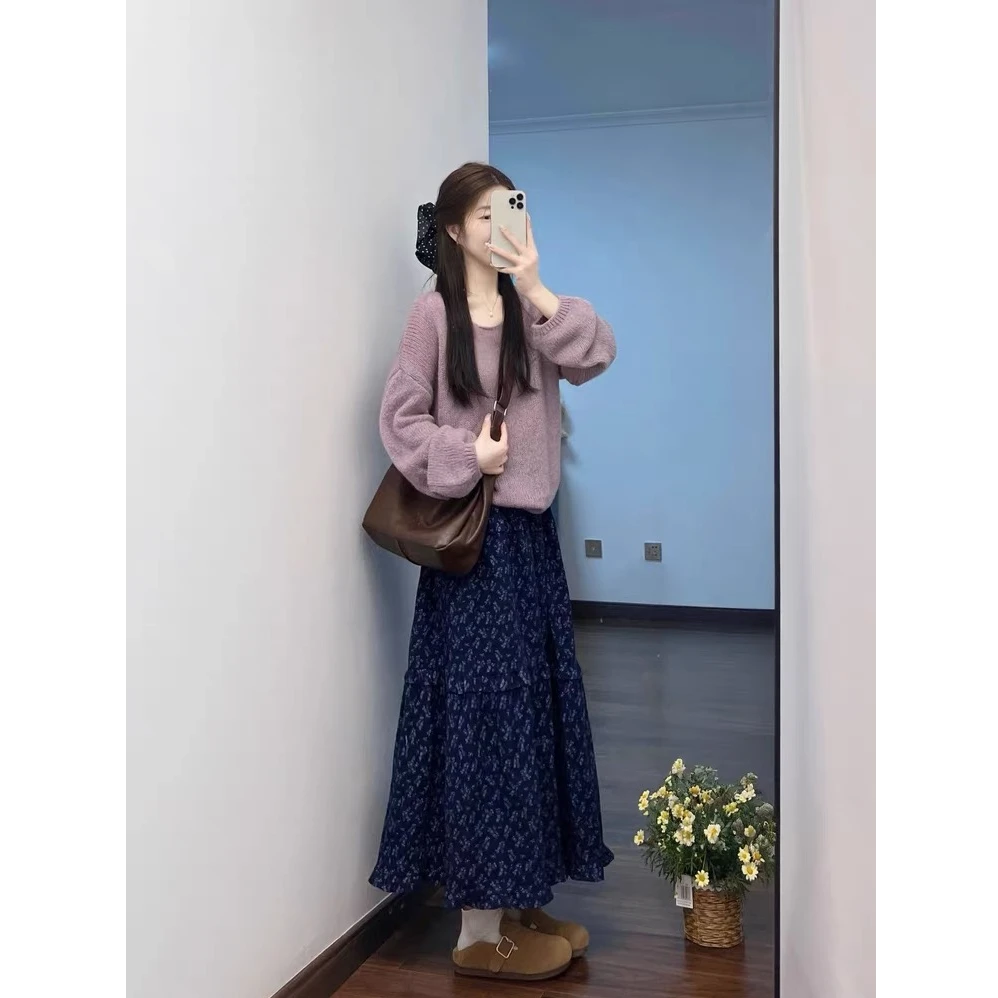 韩系温柔氛围感穿搭一整套女秋冬针织开衫毛衣碎花半身裙两件套装