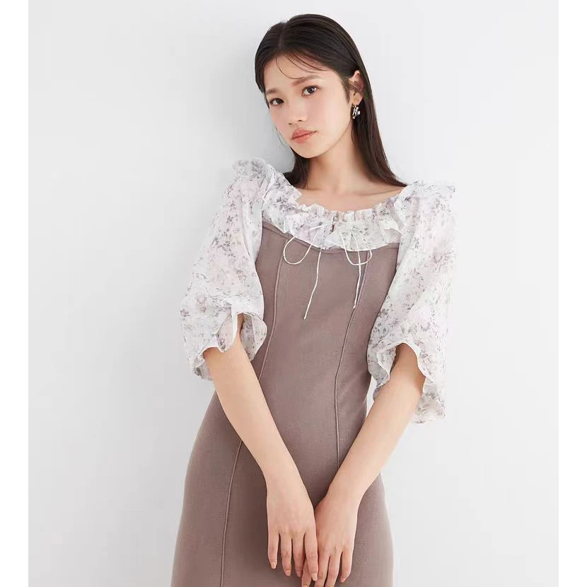 SNIDEL新品甜美荷叶边碎花拼接针织收腰连衣裙SWNO242075