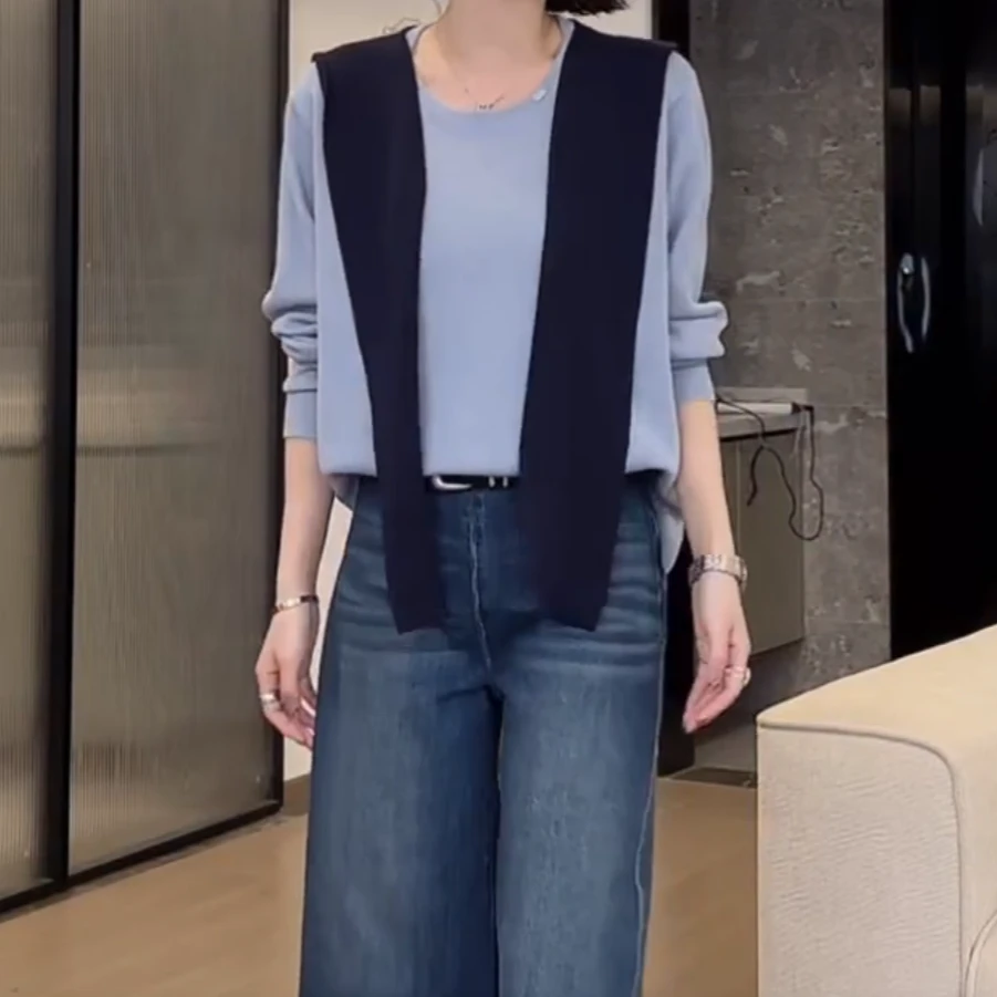 设计感纯色圆领针织衫配披肩2025春季新款气质休闲套头长袖上衣