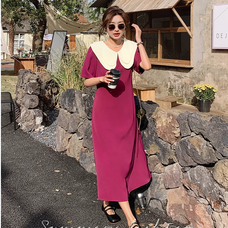 夏装新款拼接时尚显瘦收腰娃娃领夏季气质连衣裙