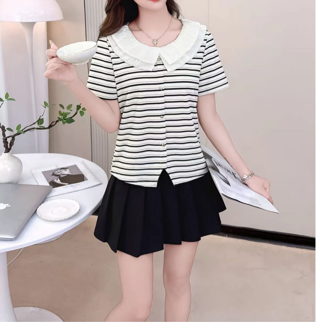 2518#条纹双层领短袖上衣女衬衫显瘦气质时尚百搭洋气夏季新款