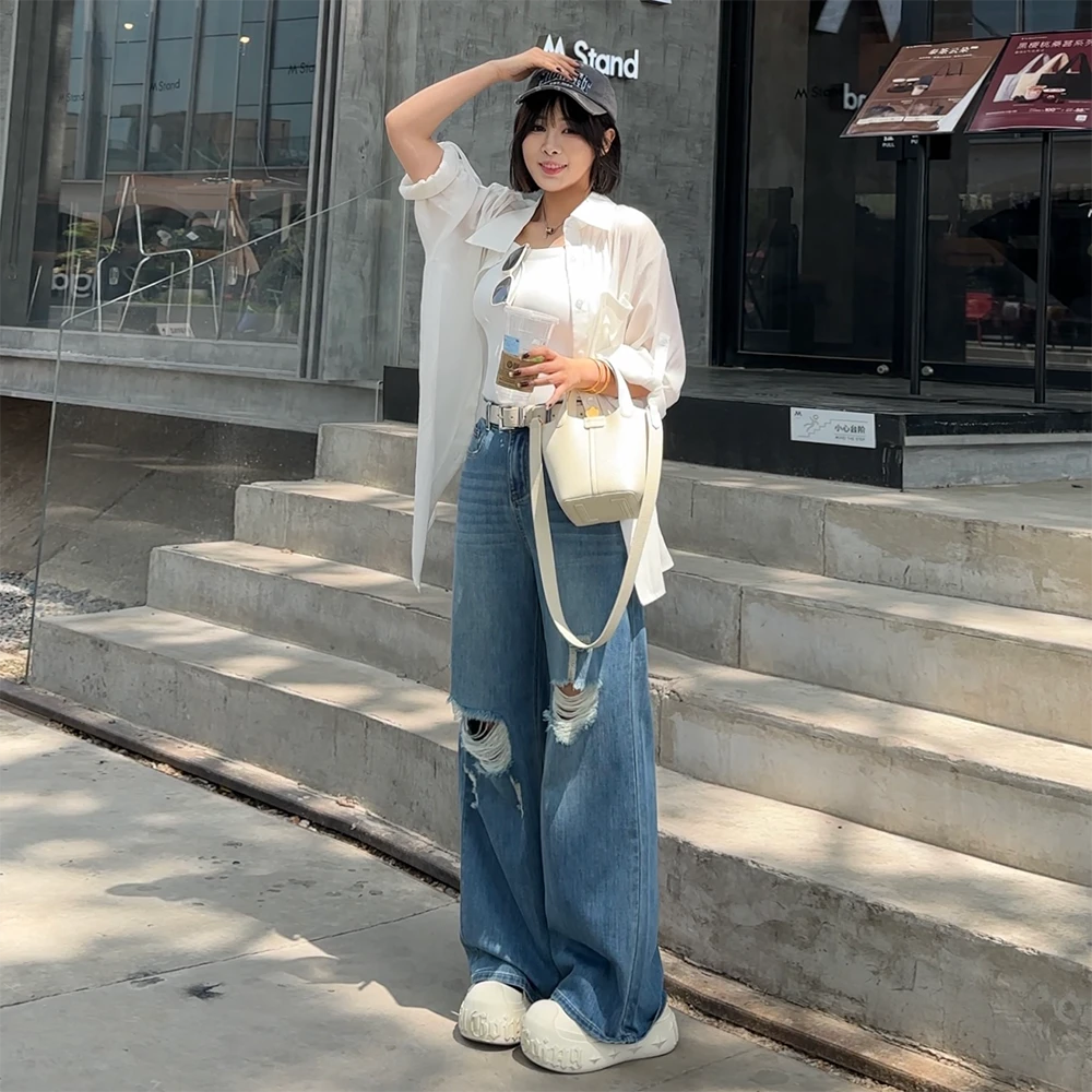 【夏上新】胖mm显瘦休闲破洞牛仔阔腿裤200斤加大码女装_AK127-YK2