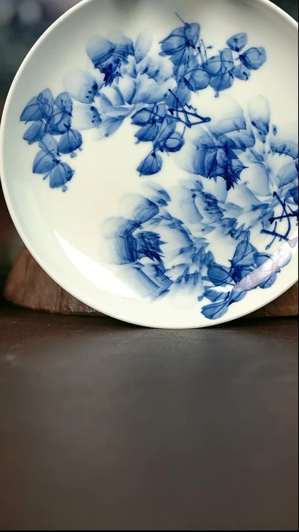 手绘微瑕高温现代瓷  气窑   牡丹花卉壶承17.5cm